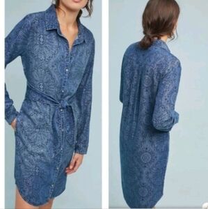 Cloth & Stone Anthropologie Blue Chambray Floral Shirt Dress Tie Waist Sz Large